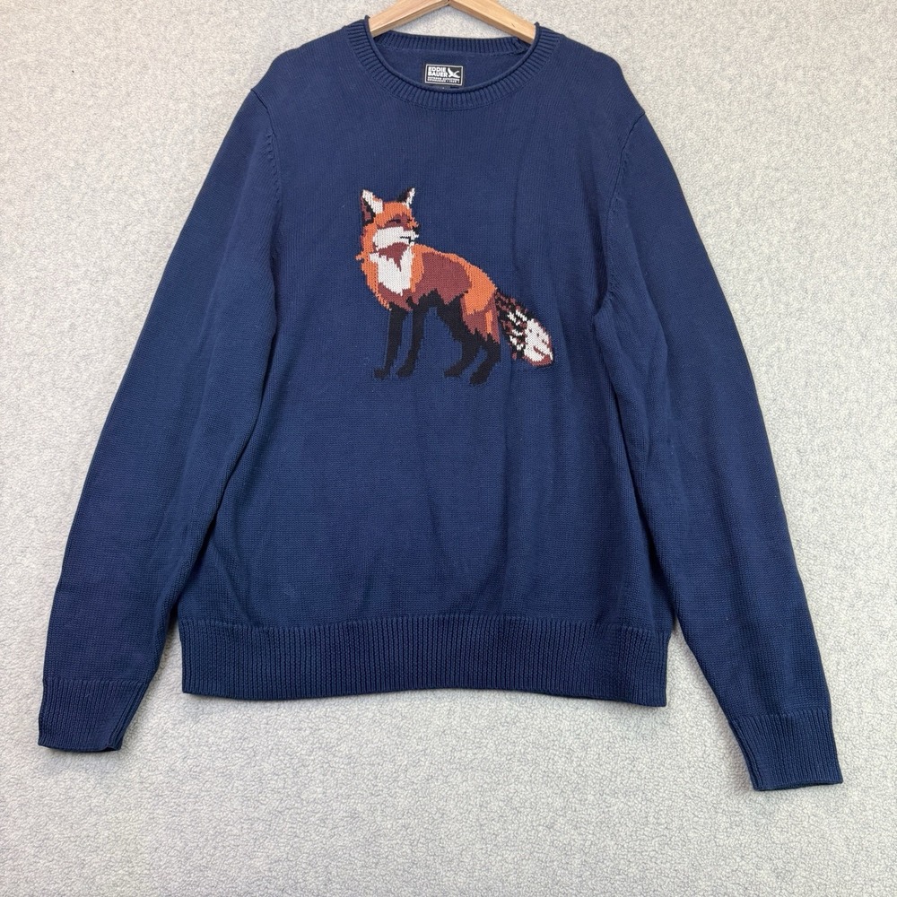 Eddie Bauer Men's Fox Graphic Intarsia Crewneck Sweater Navy Blue Size L